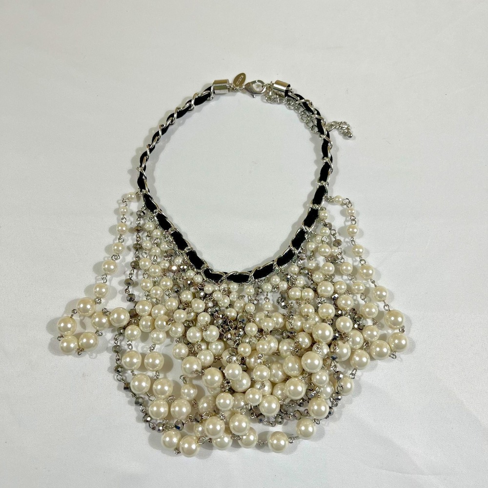 Chico's Silver Tone Faux Pearl Layered Bib Statement Necklace Chunky Chain